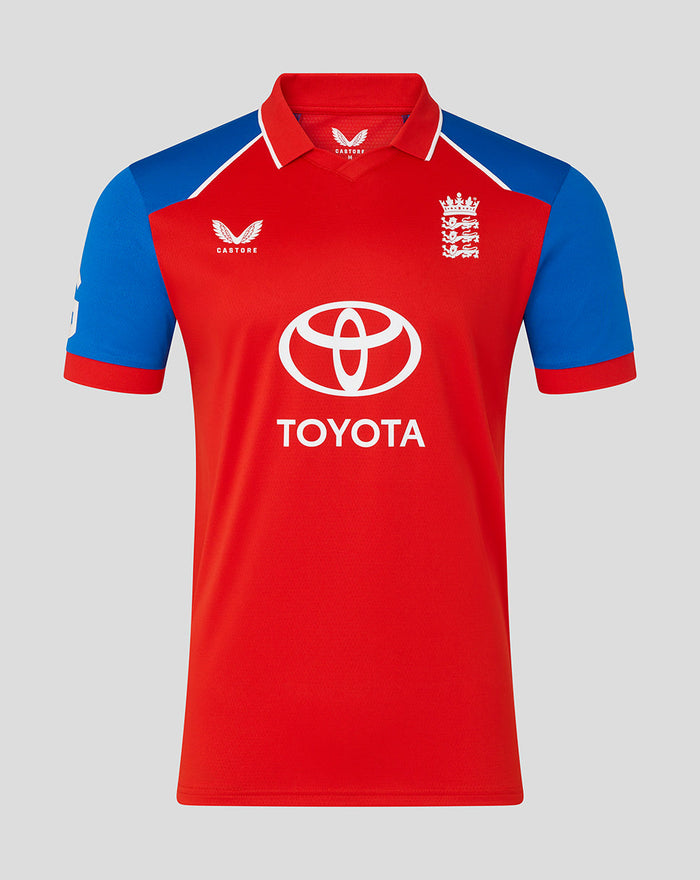 Red short sleeve polo with blue sleeves and Toyota logo across the front along with England crest.