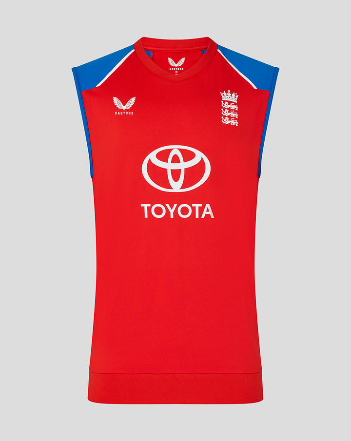 Front view of red sleeveless training vest with blue shoulder panels, England crest, Castore logo and Toyota sponsor on the chest