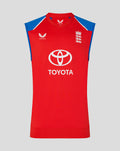 Front view of red sleeveless training vest with blue shoulder panels, England crest, Castore logo and Toyota sponsor on the chest