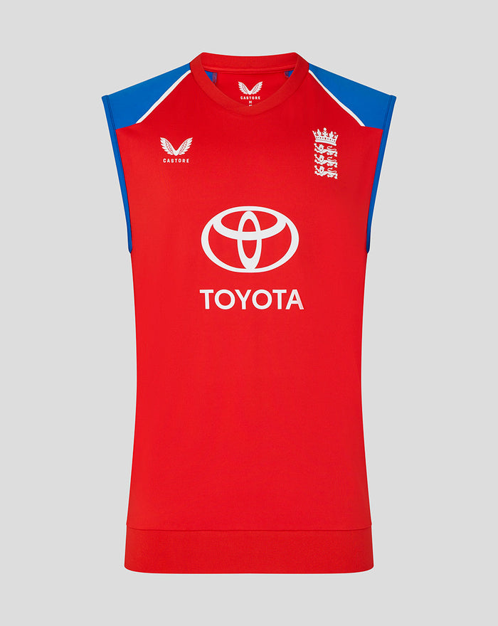 Front view of red sleeveless training vest with blue shoulder panels, England crest, Castore logo and Toyota sponsor on the chest