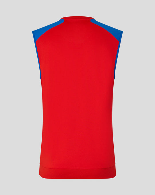 Back view of red sleeveless vest with blue shoulder panels and white trim