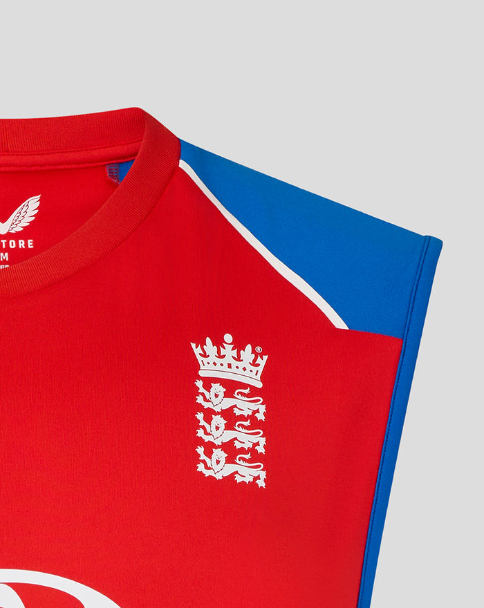 Red sleeveless T20 training vest with blue shoulder panels and England crest on the chest