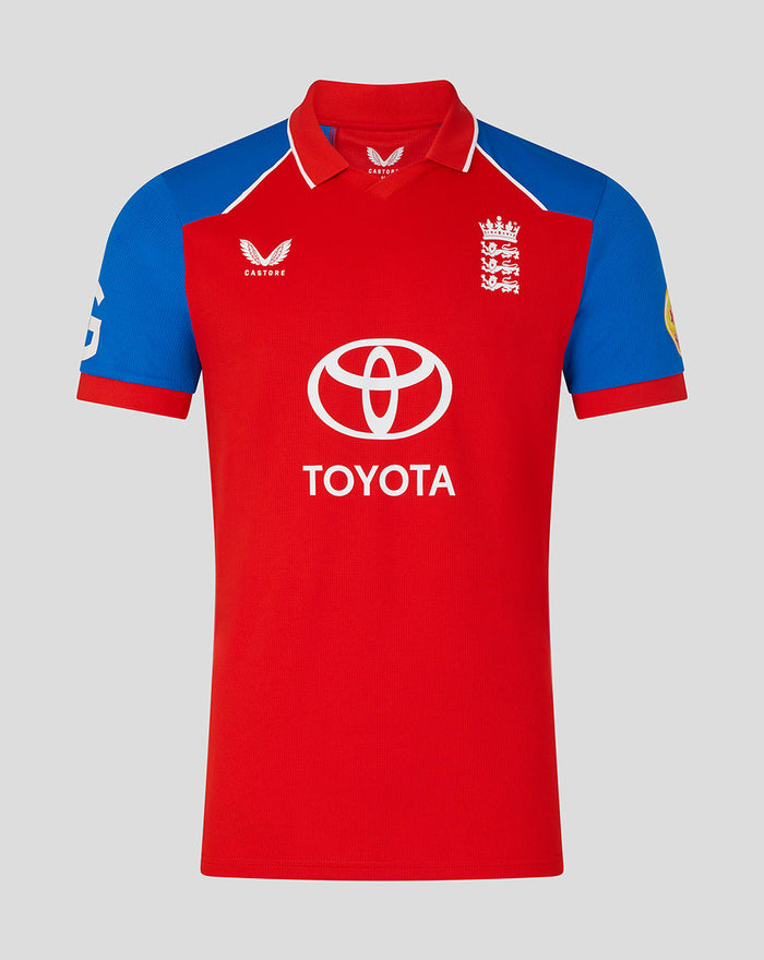 England men's T20 shirt front view red body blue sleeves with Toyota logo and Three Lions crest
