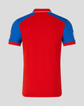 Back view of England men's T20 shirt in red with blue shoulders and contrast trim