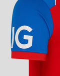 Close up of blue sleeve with white lettering on a red and blue England T20 shirt