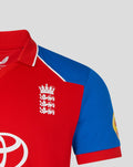Close-up of red jersey with England crest on the chest blue sleeve and white piping at the collar