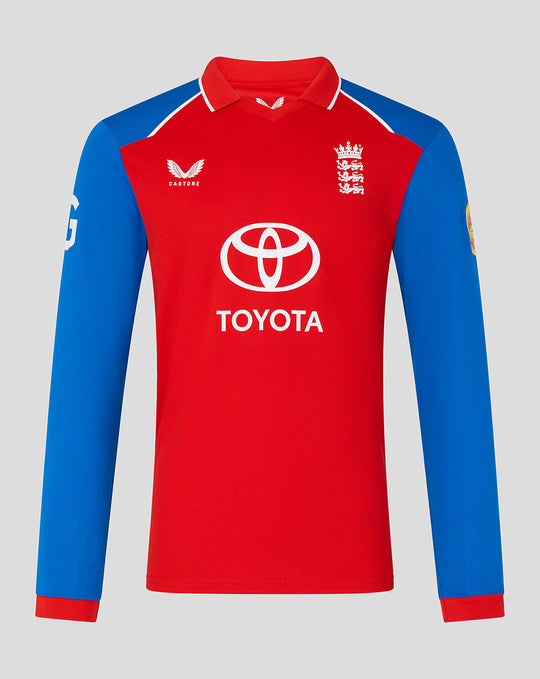 Front view of men's red and blue T20 long sleeve cricket shirt with the England crest and Toyota logo