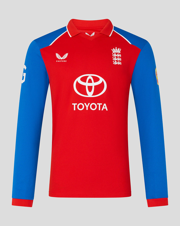 Front view of men's red and blue T20 long sleeve cricket shirt with the England crest and Toyota logo