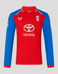 Front view of men's red and blue T20 long sleeve cricket shirt with the England crest and Toyota logo