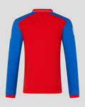 Back view of men's red and blue T20 long sleeve cricket shirt showing blue sleeves against a red torso