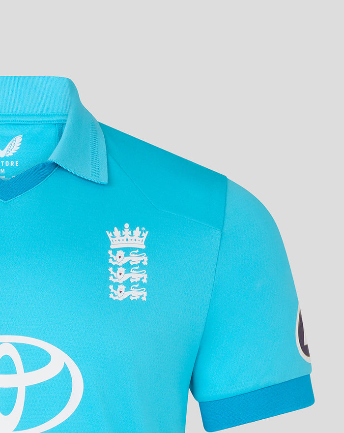 Blue ODI Pro short sleeve cricket shirt with embroidered England crest on the chest.