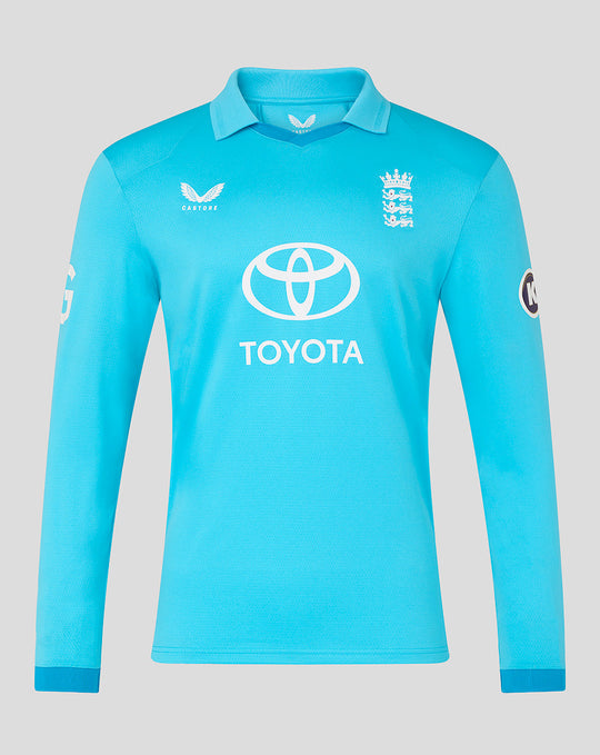 Blue long sleeve ODI Pro cricket shirt featuring the England crest and Toyota sponsor.
