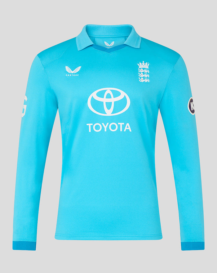 Blue long sleeve ODI Pro cricket shirt featuring the England crest and Toyota sponsor.