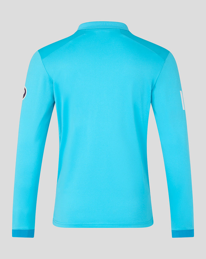 Back view of vibrant blue Mens ODI Pro long sleeve cricket shirt with a streamlined silhouette.