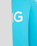 Close-up of bright blue sleeve with bold white letters on fabric.
