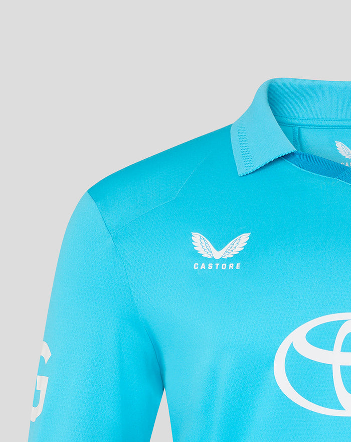 Blue ODI Pro long sleeve jersey close up showing Castore branding on chest
