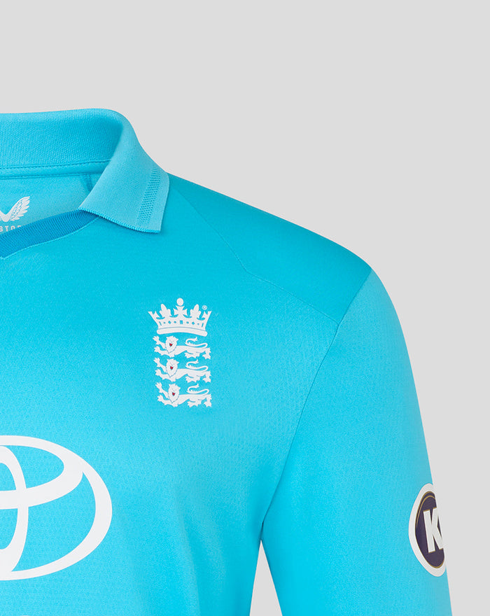 Blue ODI Pro long sleeve shirt with England crest on chest and large Toyota logo across front