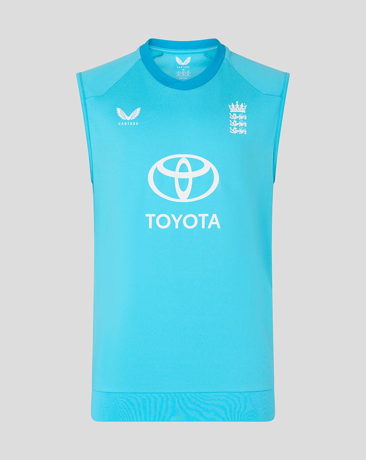 Front view of blue ODI sleeveless vest with England crest on the left chest and Toyota logo center