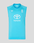 Front view of blue ODI sleeveless vest with England crest on the left chest and Toyota logo center