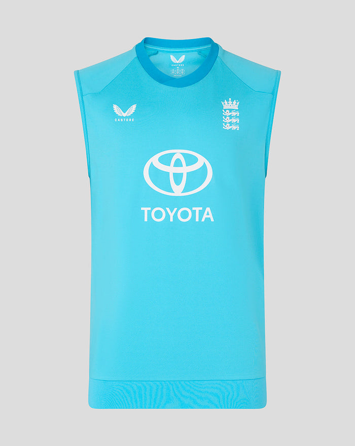 Front view of blue ODI sleeveless vest with England crest on the left chest and Toyota logo center
