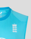 Close up of blue ODI sleeveless training vest showing the England crest on the chest