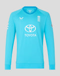 Front view of blue ODI sweater featuring the Three Lions crest and team branding