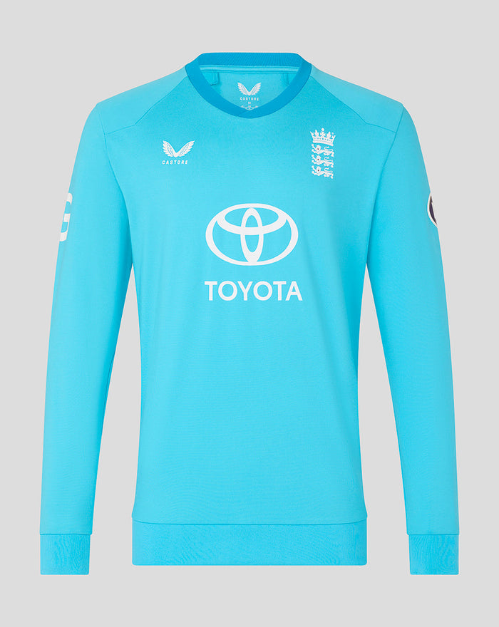 Front view of blue ODI sweater featuring the Three Lions crest and team branding