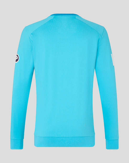 Back view of bright blue ODI sweater with ribbed hem and cuffs