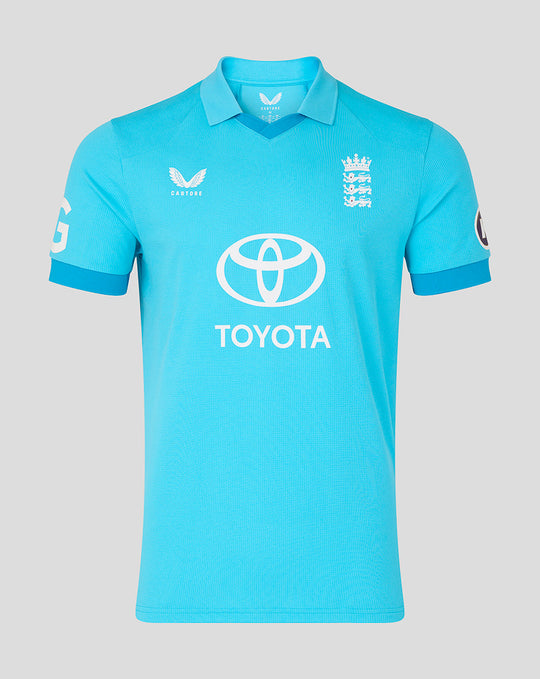 Front view of Mens 26/27 ODI Short Sleeve Shirt in vibrant blue featuring the England crest and Toyota logo