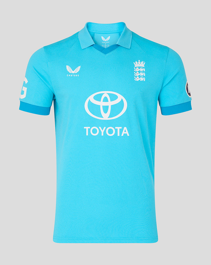Front view of Mens 26/27 ODI Short Sleeve Shirt in vibrant blue featuring the England crest and Toyota logo