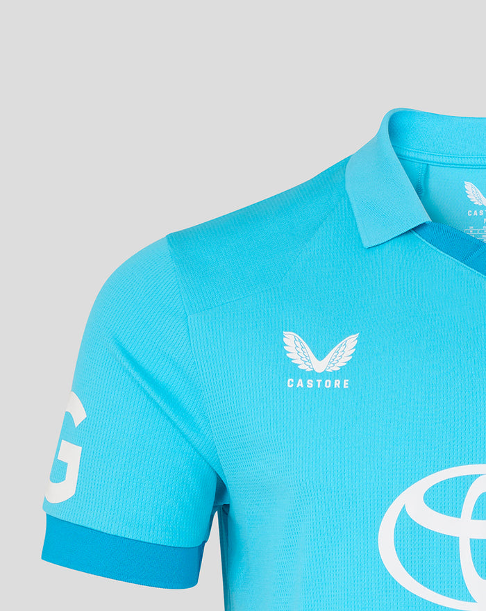 Blue short sleeve ODI shirt close up showing England crest and Toyota emblem