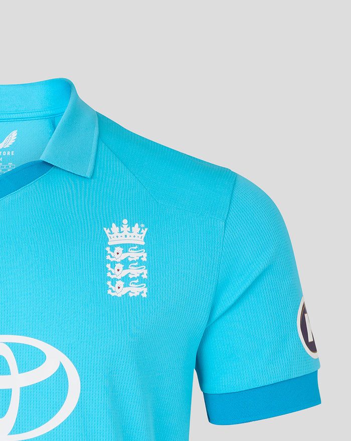 Front view of blue ODI shirt with England crest on left chest and Toyota sponsor