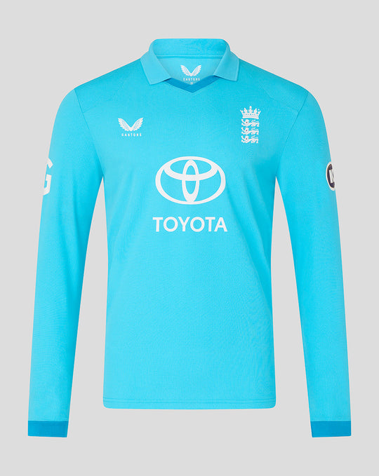 Blue long sleeve ODI shirt front featuring Three Lions crest and Toyota sponsor