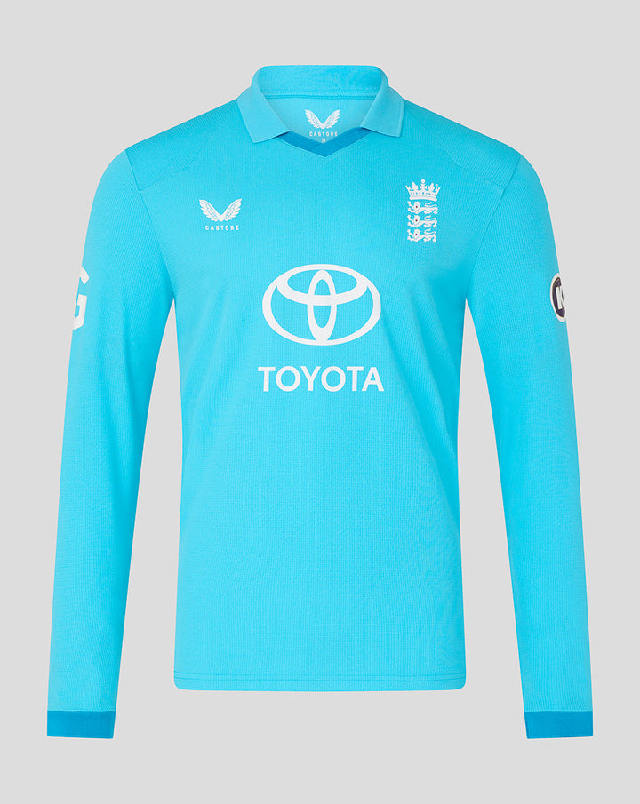 Blue long sleeve ODI shirt front featuring Three Lions crest and Toyota sponsor