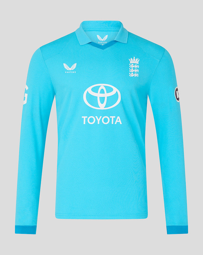 Blue long sleeve ODI shirt front featuring Three Lions crest and Toyota sponsor