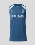 Front view of blue sleeveless training top with England cricket crest and Whole Earth branding