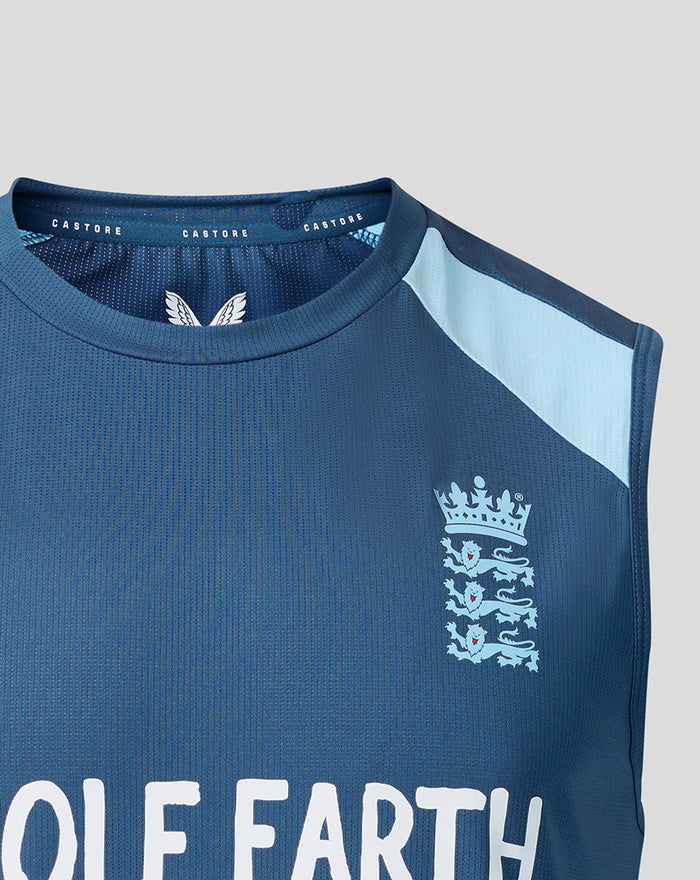 Blue sleeveless training vest with England cricket crest on the chest and light shoulder panels for unrestricted motion