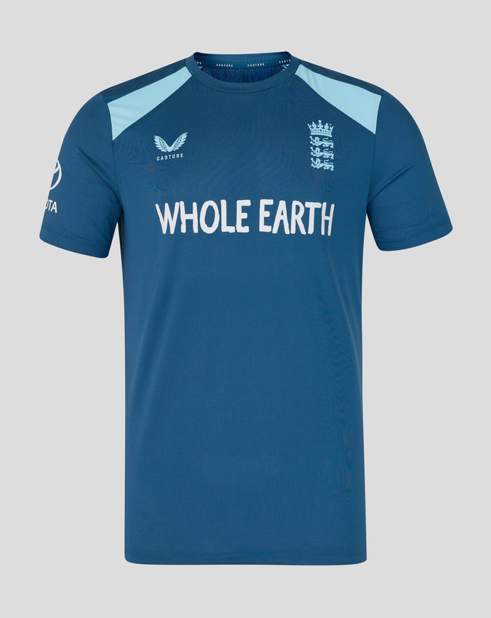 Blue short sleeve training T shirt with England crest and light shoulder panels for agile unrestricted movement