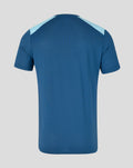 Back view of blue training tee with light blue shoulder panels and smooth athletic fit