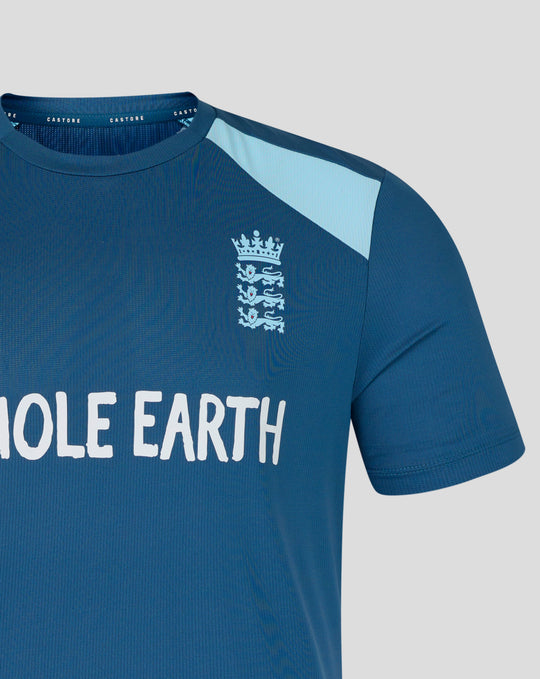 Blue training jersey close-up with England crest and bold WHOLE EARTH text across the front
