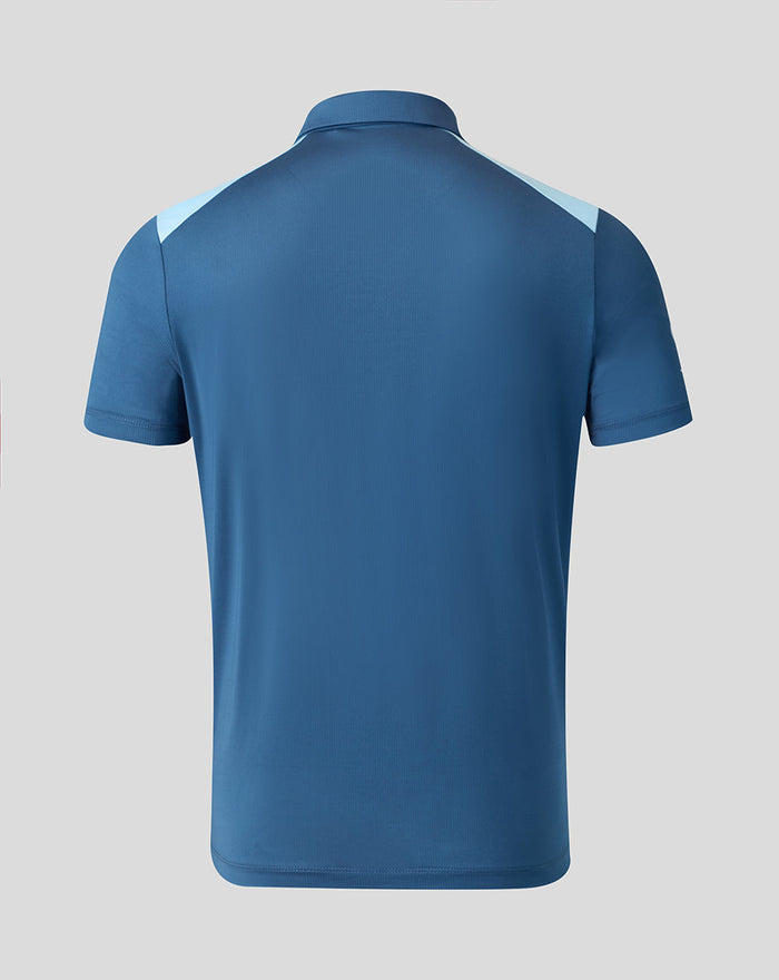 Back view of blue training polo with light blue shoulder panels