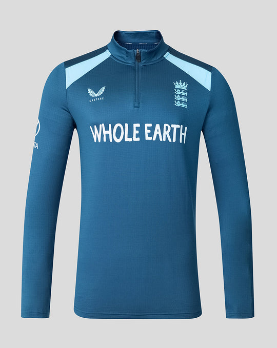 Front view of blue training midlayer top with zip collar and light blue shoulder panels displaying Whole Earth sponsor and Three Lions crest