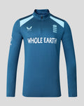 Front view of blue training midlayer top with zip collar and light blue shoulder panels displaying Whole Earth sponsor and Three Lions crest