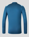 Back view of blue training midlayer top with dual tone shoulder panels.