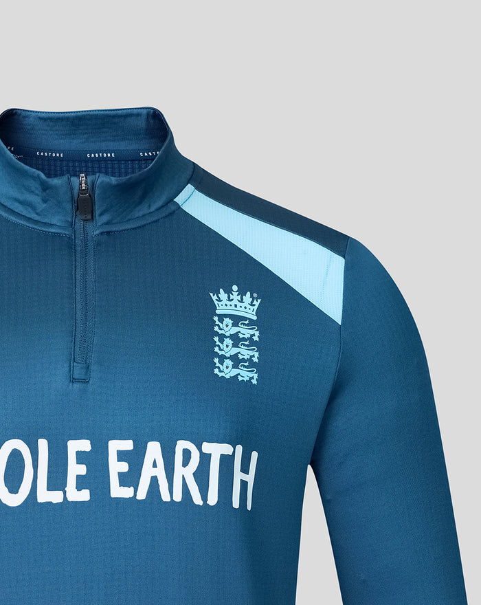 Blue training midlayer top with zip collar lighter shoulder panel England Three Lions crest and OLE EARTH text across chest