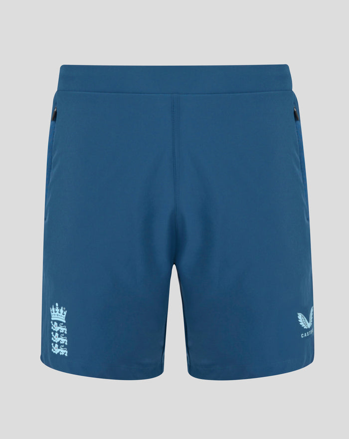 Blue training shorts with ergonomic athletic cut and light blue side panel England crest on the leg