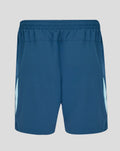 Back view of blue training shorts with a wide elastic waistband and light blue side panels