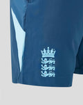 Back view of blue training shorts with pale blue side panel and crest at the hem of the leg