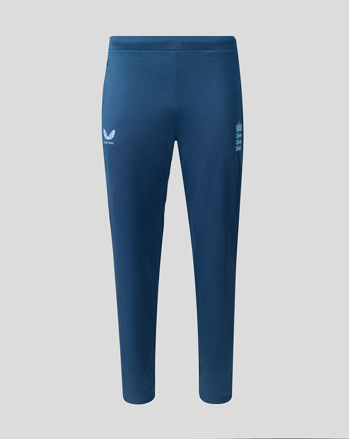 Back view of blue training pants with tapered legs and England cricket crest