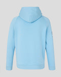 Back view of a light blue travel adapt fleece hoodie with hood up